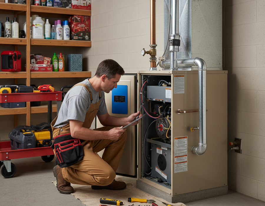 Technician inspecting a residential heating system